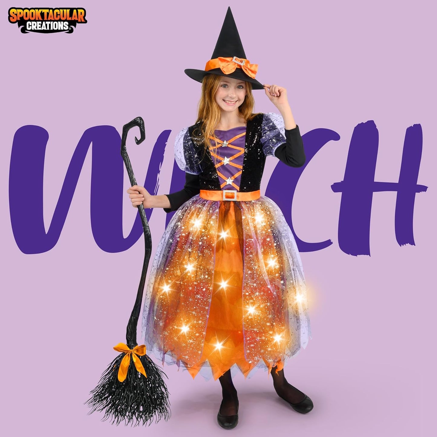 Witch Costume Kids, Light up Halloween Costumes Witch Dress with Hat and Broom for Girls, Sweet Wizard Set for Toddler Scary Halloween Themed Parties, Orange, L