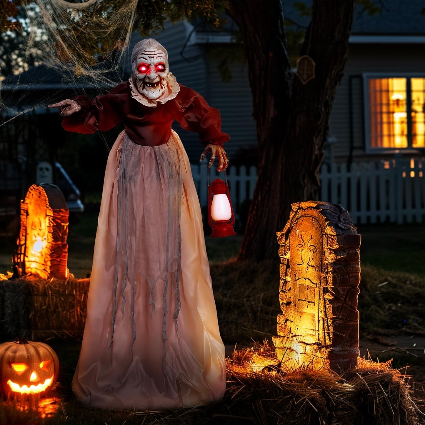 5FT Halloween Animatronics Life Size Witch Scary Prop, Motion Activated Outdoor Decoration, with Creepy Light up Eyes and Moving Arms, for Haunted House Party Lawn Patio Yard Decor