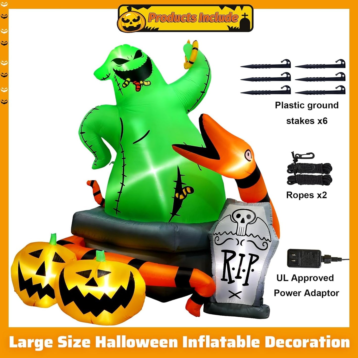6Ft Halloween Inflatable Outdoor Decoration,Halloween Blow up Green Monster with Snake Pumpkins and Tombstone Yard Decorations,Built-In LED Lights - for Outdoor Lawn Decoration