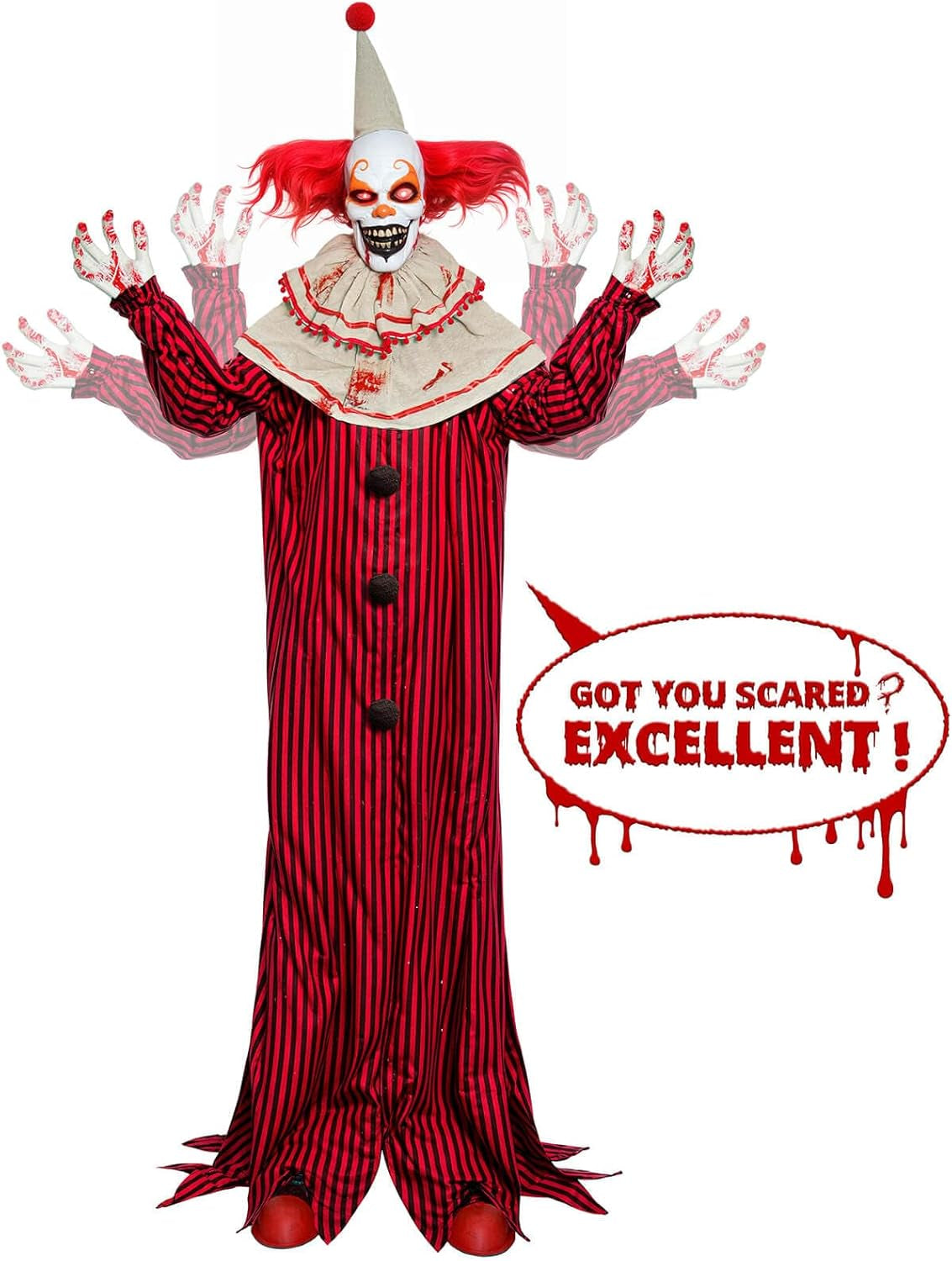72" Halloween Decorations Outdoor - Standing Animatronic Clown with Red Light up Eyes, Motion and Sound Activated Moving Arms and Head, Scary Clown Halloween Yard Patio House Decor
