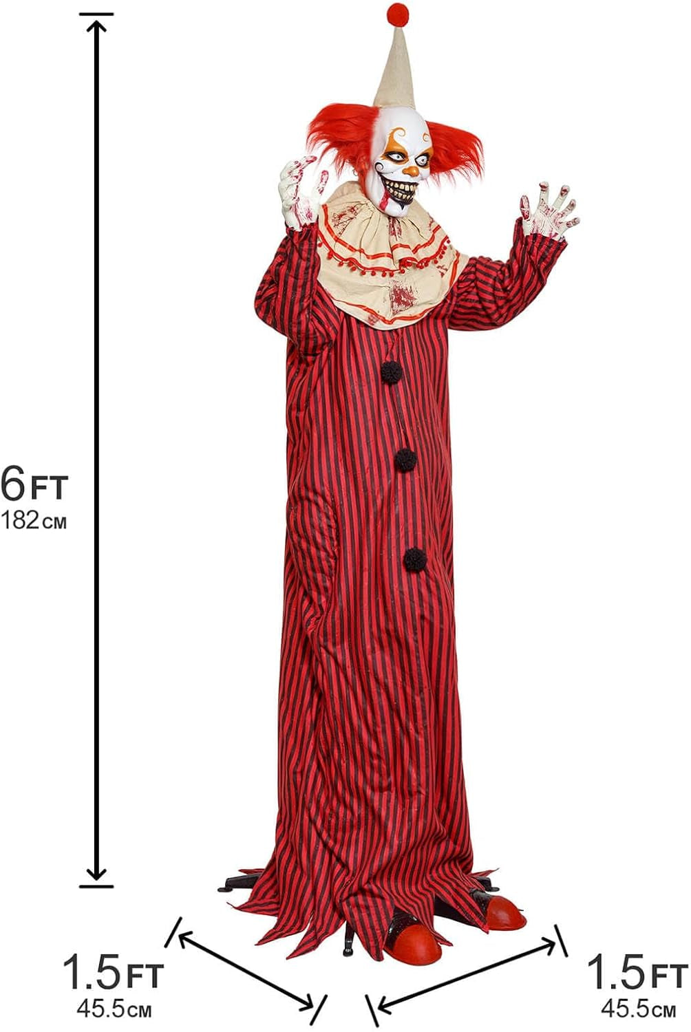 72" Halloween Decorations Outdoor - Standing Animatronic Clown with Red Light up Eyes, Motion and Sound Activated Moving Arms and Head, Scary Clown Halloween Yard Patio House Decor