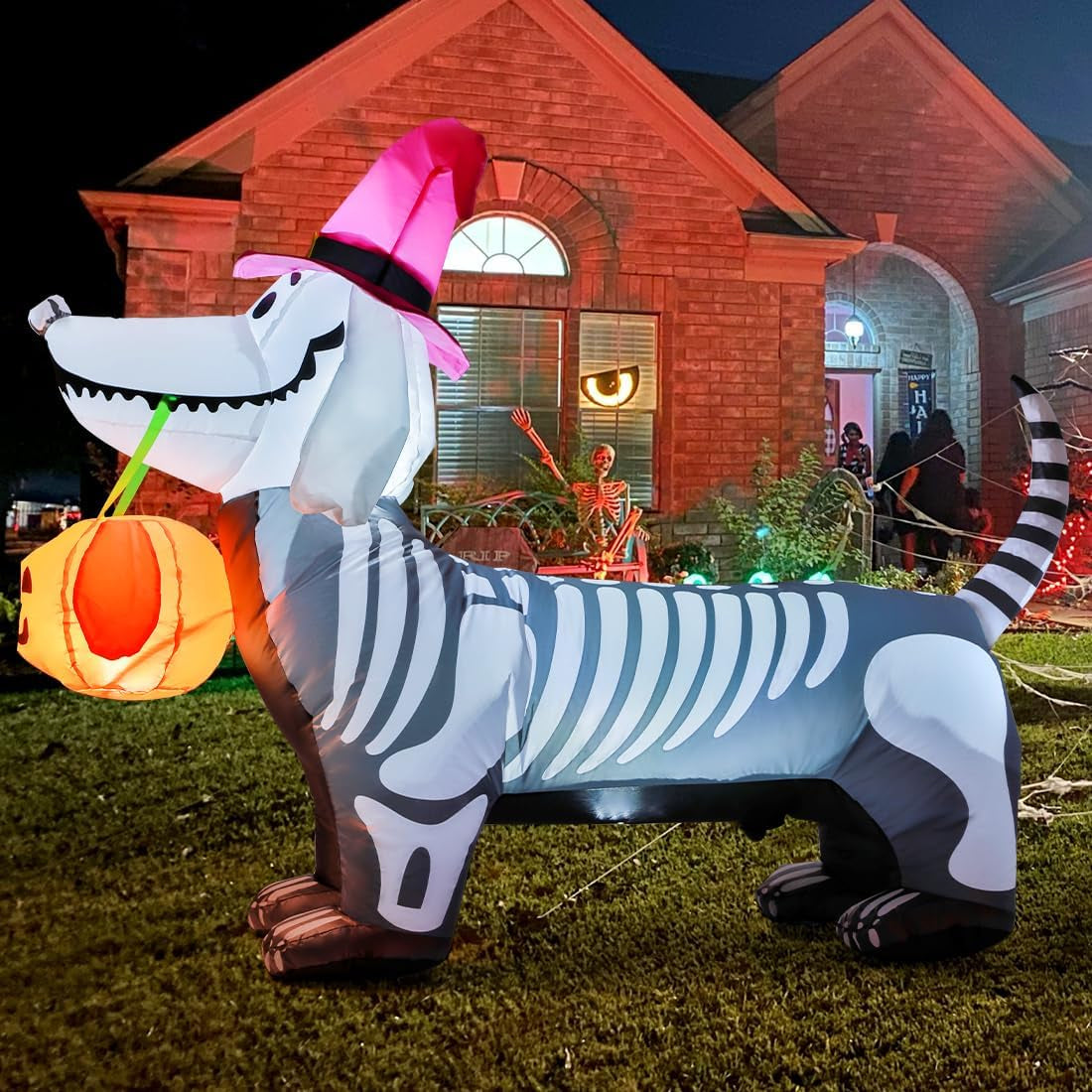 5.5 FT Halloween Inflatables Outdoor Decorations Skeleton Puppy Inflatable Yard Decoration with Build-In Leds Blow up Pumpkin for Halloween Party Indoor Outdoor Yard Garden