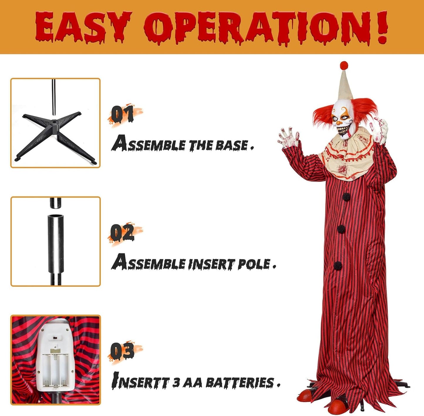 72" Halloween Decorations Outdoor - Standing Animatronic Clown with Red Light up Eyes, Motion and Sound Activated Moving Arms and Head, Scary Clown Halloween Yard Patio House Decor