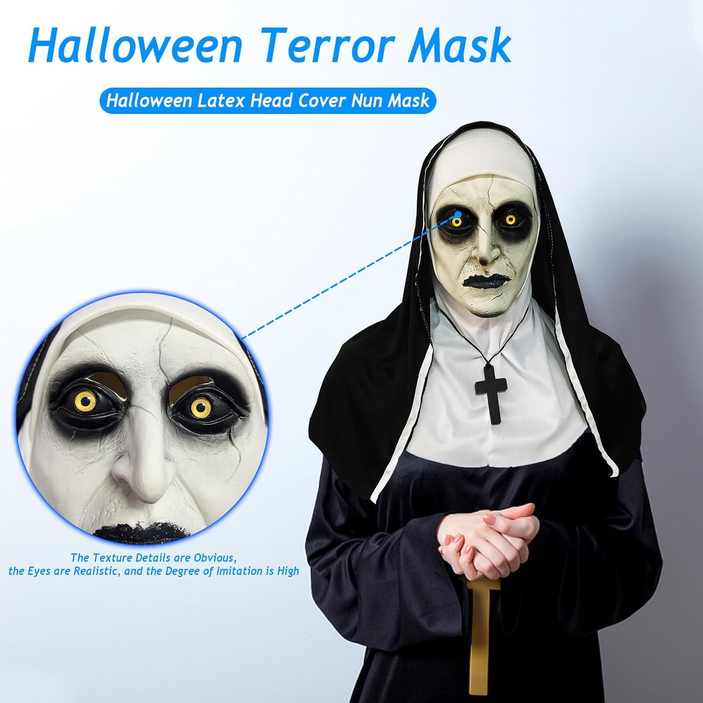 2024 Nun Scary Mask,Halloween Party Scary Full Head Costume Mask with Cross Necklace