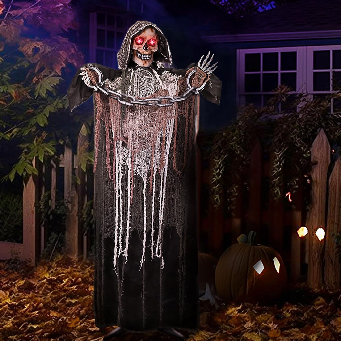 67" Halloween Decorations Outdoor Life Size Animatronics Grim Reaper with Chain, Sound-Actived Party Decor with Creepy Sound, Scary Haunted House Props for Garden Yard Lawn