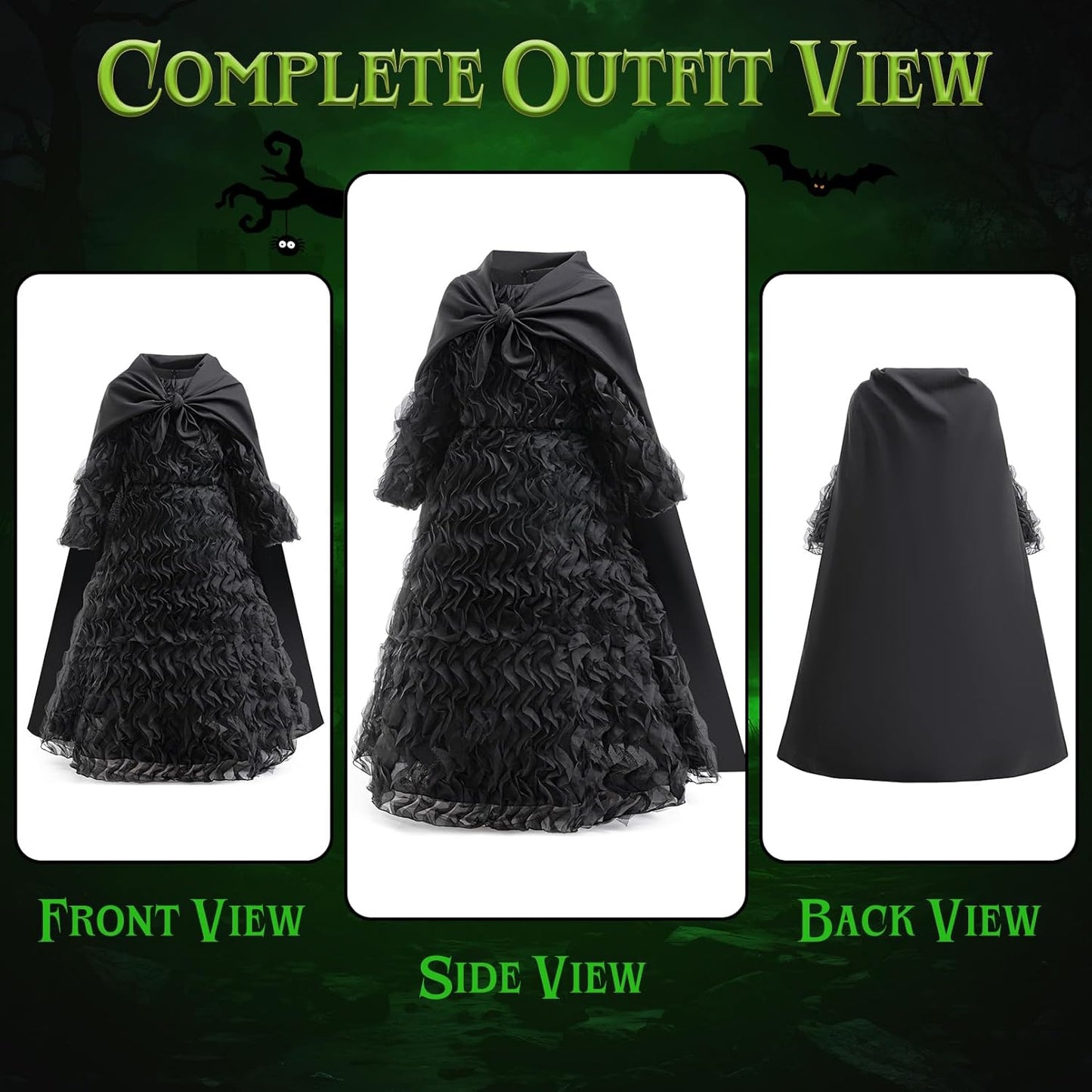 Witch Costume for Girls - Halloween Costume for Kids, Black Ruffled Witch Dress with Witch Hat, Cape, Glasses Cosplay Outfit