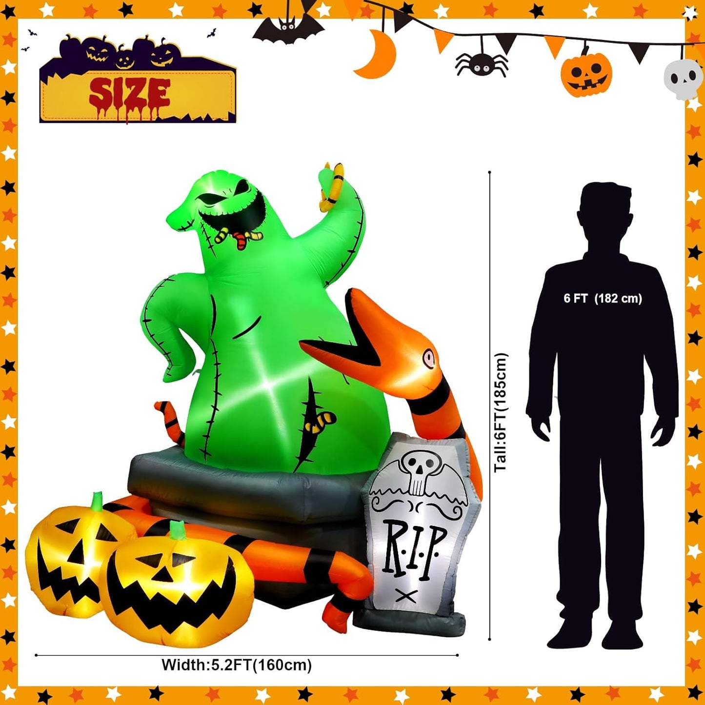 6Ft Halloween Inflatable Outdoor Decoration,Halloween Blow up Green Monster with Snake Pumpkins and Tombstone Yard Decorations,Built-In LED Lights - for Outdoor Lawn Decoration