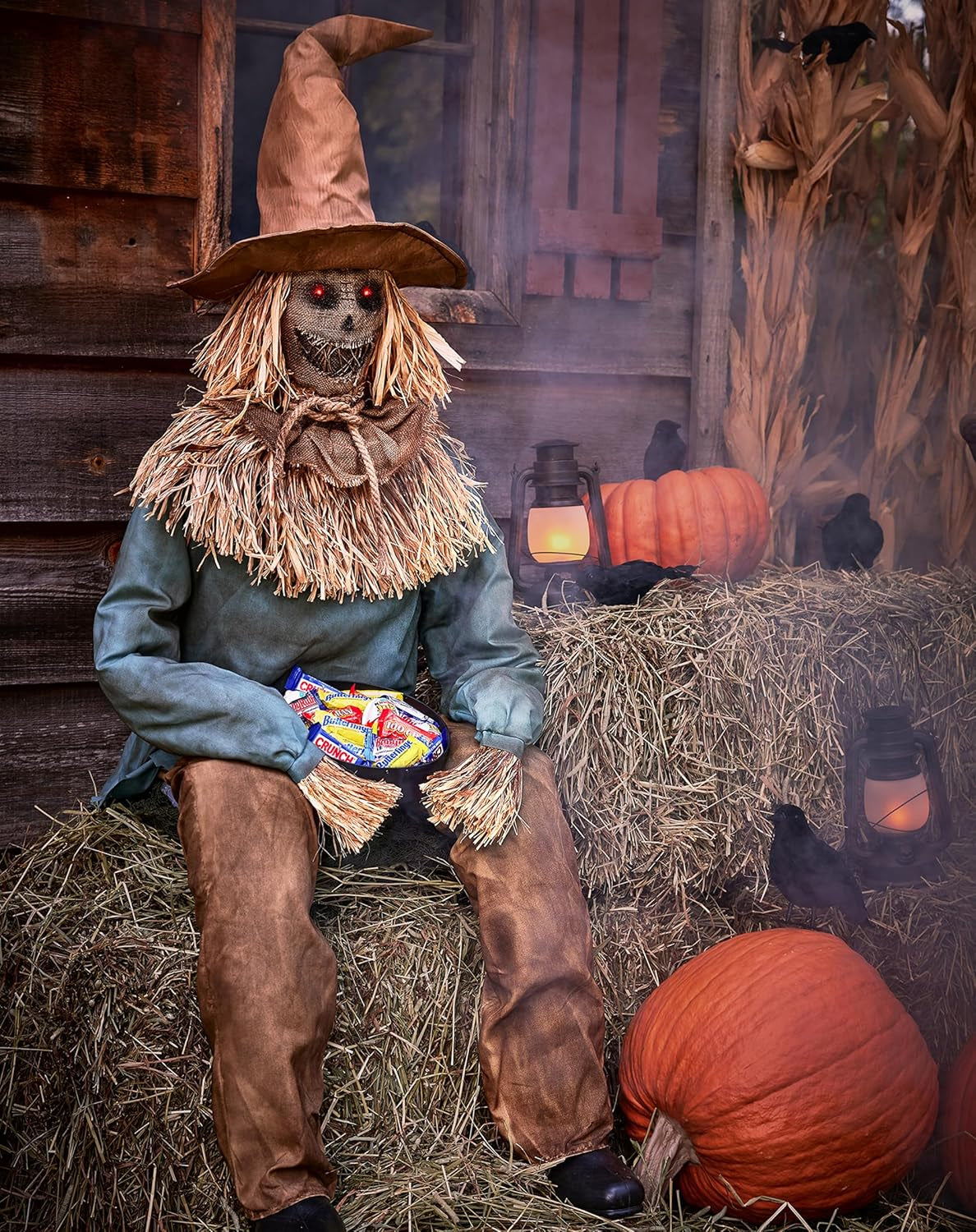 4.5 Ft Scary Sitting Scarecrow Animatronic | Decorations | Animated | Pop-Up Motion | Scarecrow Prop