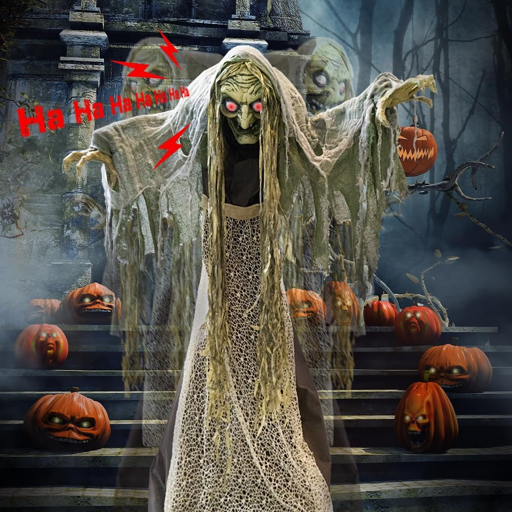60'' Halloween Animatronics Standing Witch Talking Halloween Decorations Outdoor- Sound Activated with Creepy Motion, Light up Eyes, Haunted House Scary Horror Prop, Yard Lawn Decor