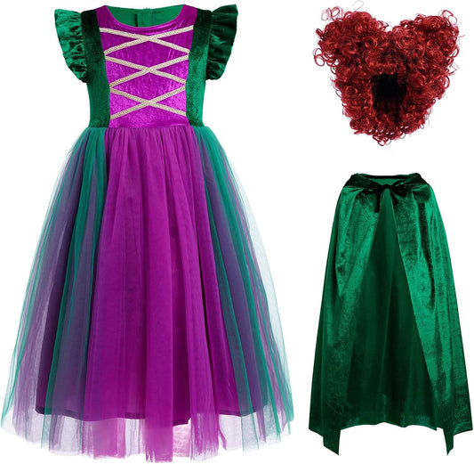 Halloween Costume for Girls Velvet Tulle Tutu Witch Dresses with Wigs Velvet Cape 3Pcs Set for Halloween Carnival