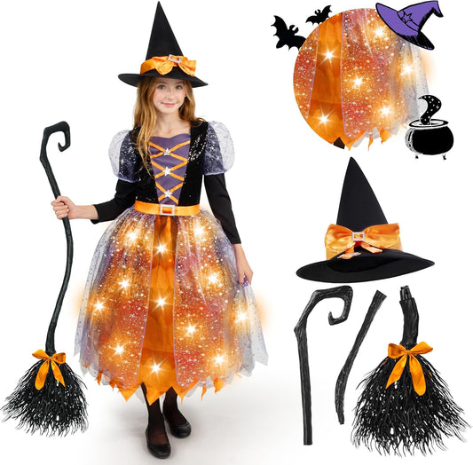 Witch Costume Kids, Light up Halloween Costumes Witch Dress with Hat and Broom for Girls, Sweet Wizard Set for Toddler Scary Halloween Themed Parties, Orange, L