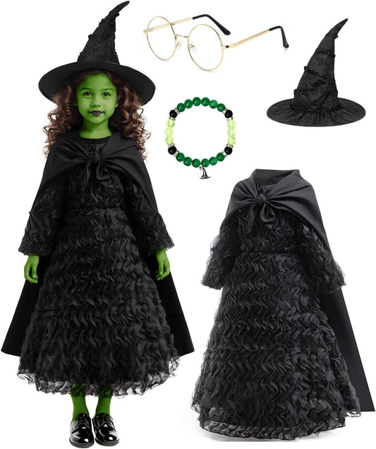 Witch Costume for Girls - Halloween Costume for Kids, Black Ruffled Witch Dress with Witch Hat, Cape, Glasses Cosplay Outfit