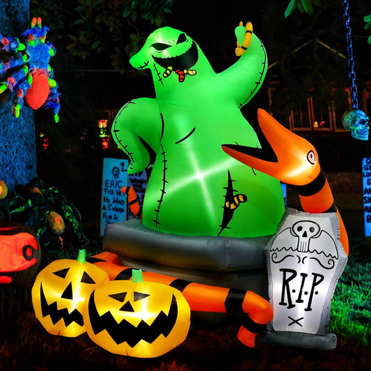 6Ft Halloween Inflatable Outdoor Decoration,Halloween Blow up Green Monster with Snake Pumpkins and Tombstone Yard Decorations,Built-In LED Lights - for Outdoor Lawn Decoration