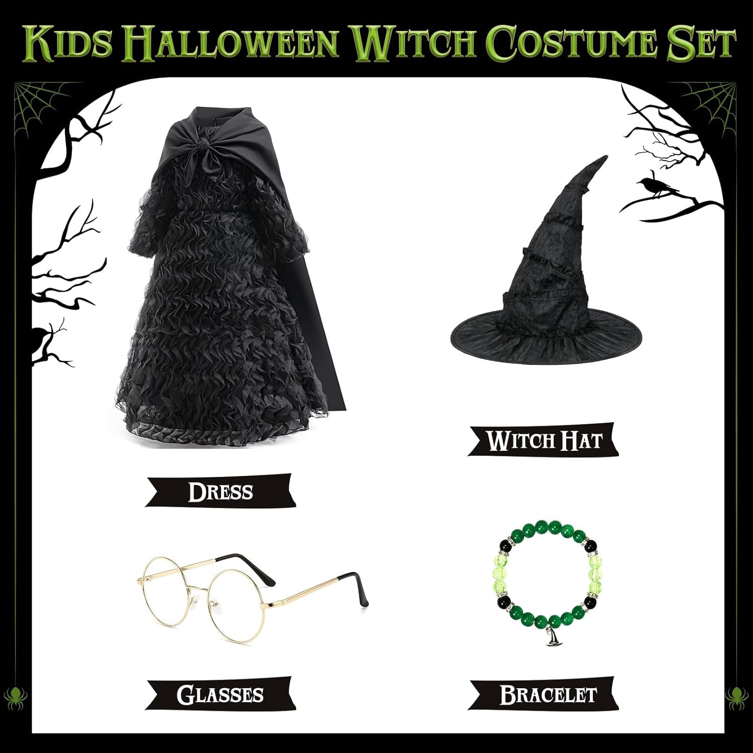 Witch Costume for Girls - Halloween Costume for Kids, Black Ruffled Witch Dress with Witch Hat, Cape, Glasses Cosplay Outfit
