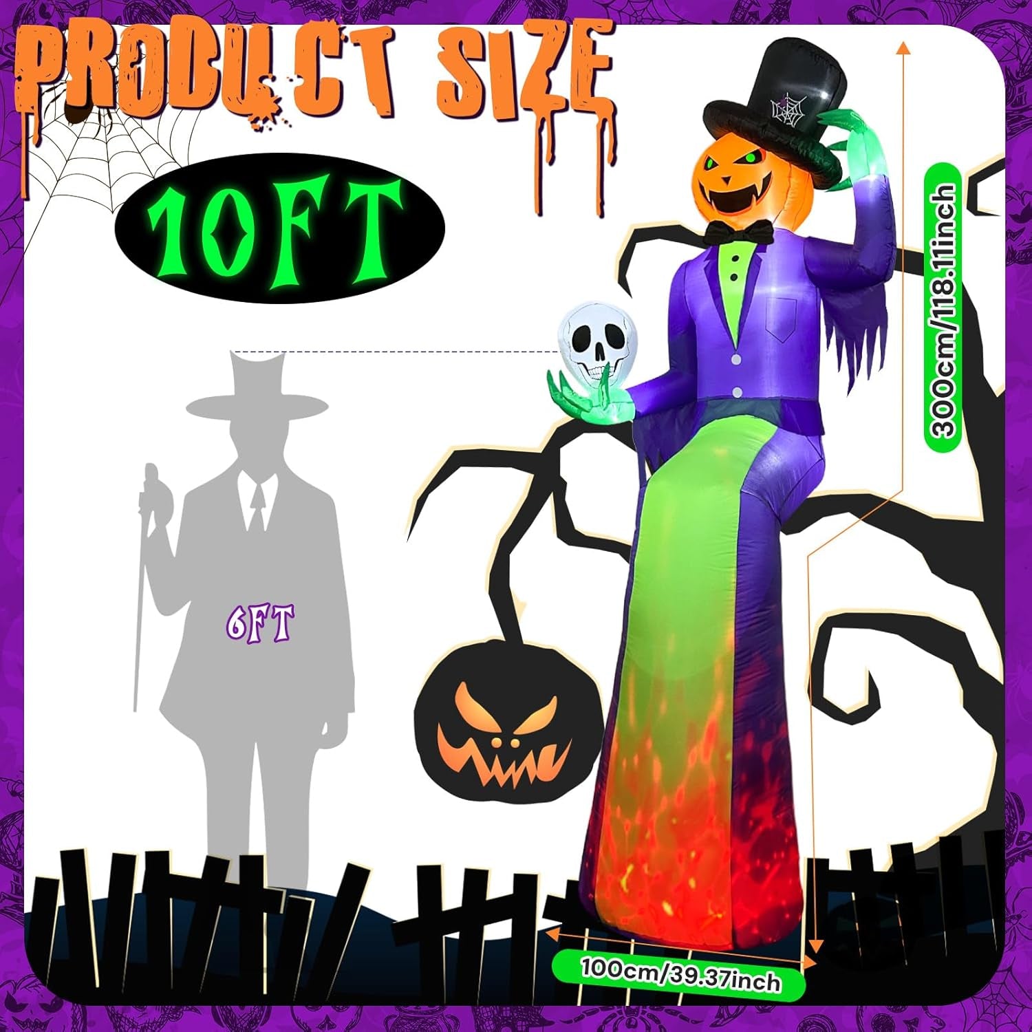 10FT Giant Halloween Inflatables, Scary Sitting Inflatable Pumpkin Decorations Outdoor with Flame Light, Halloween Blow up Yard Decorations for Roof Balcony Lawn Garden Yard Decor