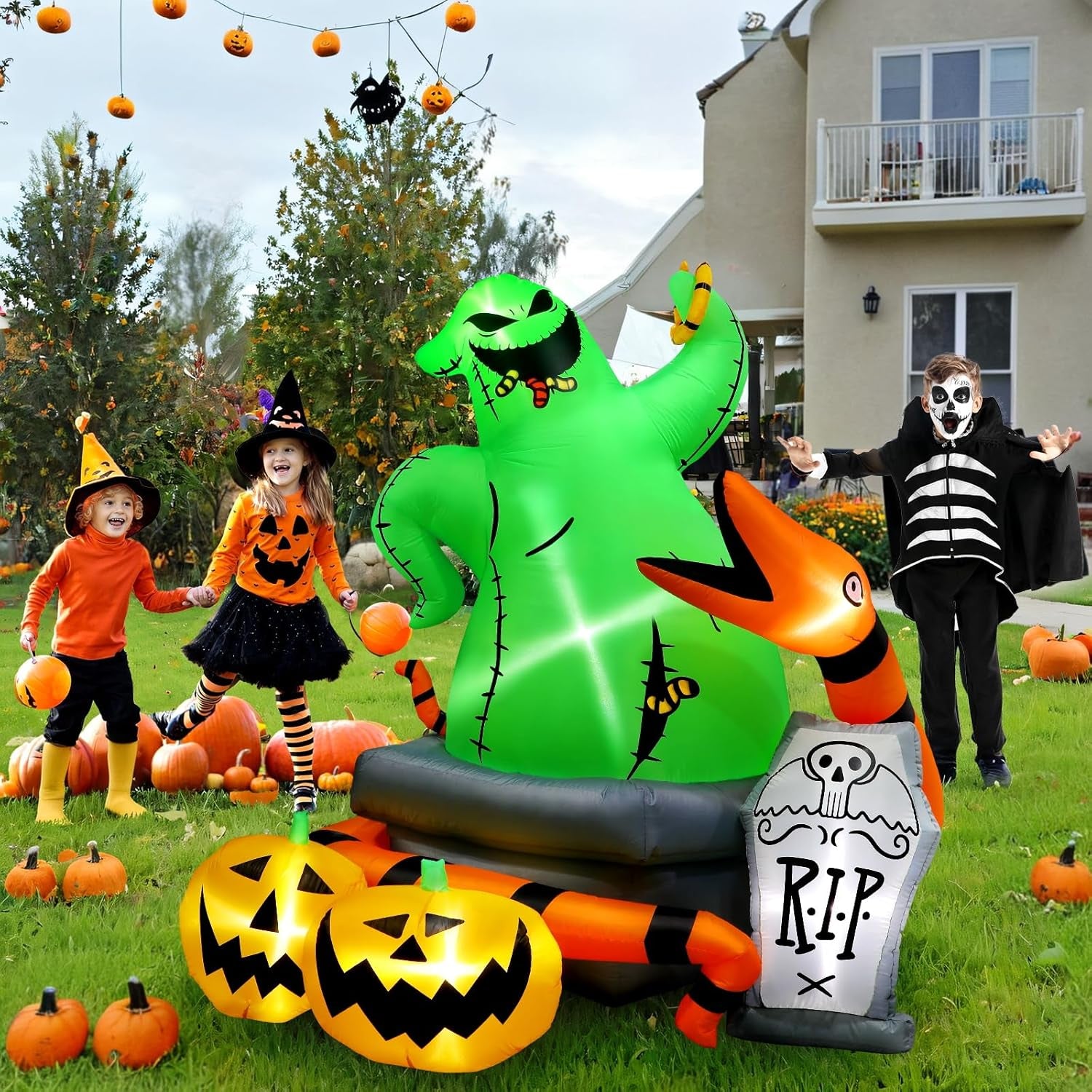 6Ft Halloween Inflatable Outdoor Decoration,Halloween Blow up Green Monster with Snake Pumpkins and Tombstone Yard Decorations,Built-In LED Lights - for Outdoor Lawn Decoration