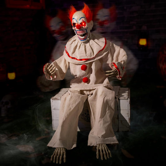 Halloween Animatronic Sitting Clown, Halloween Animated Decorations with Sound Activated, Creepy Sound, Light up Eyes, Scary Move, Haunted House Holiday Spooky Decor Horror Prop, for Indoor Outdoor