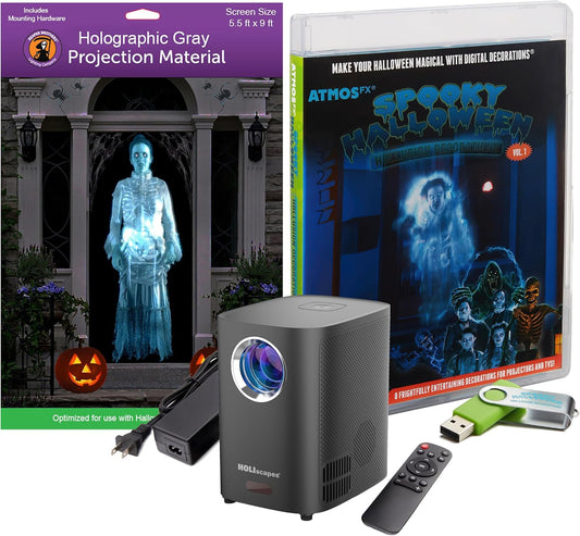 Reaper Brothers Spooky Halloween Hollusion Digital Decoration Kit Includes 8 Atmosfx Video Effects for Halloween plus HD Super Bright Projector and 5.5' X 9' Holographic Projection Screen
