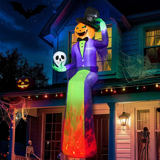 10FT Giant Halloween Inflatables, Scary Sitting Inflatable Pumpkin Decorations Outdoor with Flame Light, Halloween Blow up Yard Decorations for Roof Balcony Lawn Garden Yard Decor