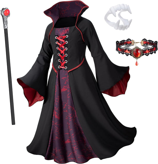 Vampire Costume Set for Girls Halloween Dress up with Vampires Props (Fangs, Wand, Choker) 3-12 Years