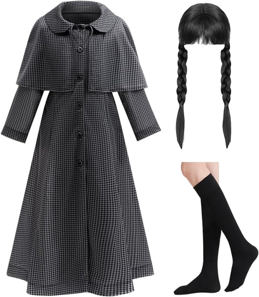 Girl Grey Costume Striped Long Coat Kid Cosplay Dress Halloween Character Party with Wig and Socks Set