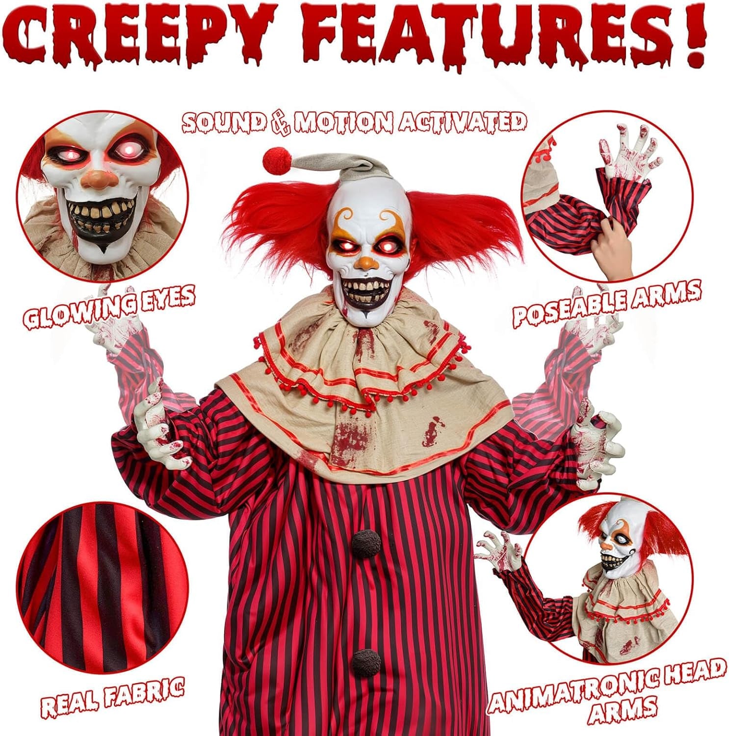 72" Halloween Decorations Outdoor - Standing Animatronic Clown with Red Light up Eyes, Motion and Sound Activated Moving Arms and Head, Scary Clown Halloween Yard Patio House Decor