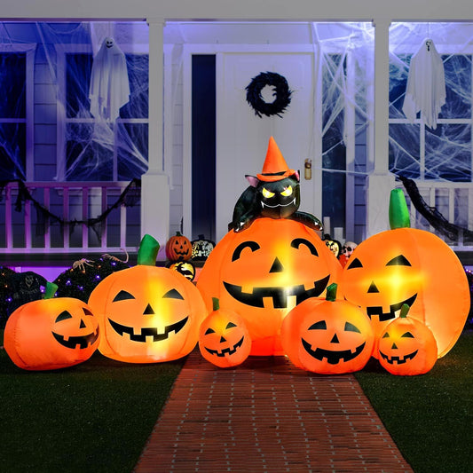 7 FT Long Halloween Inflatables Pumpkin Outdoor Decorations, 7 Pumpkins outside Decoration with Witch'S Cat with Build-In Leds Blow up Inflatables for Party Yard Lawn Garden Decor